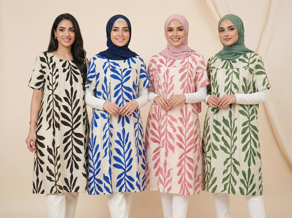 Modest Leaf-Print Tunic Dress (Multiple Color Options)