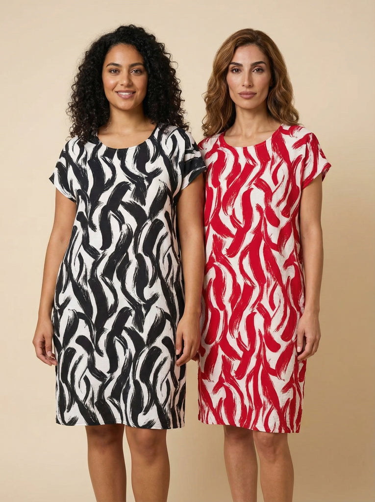 Brushstroke-Pattern Loose-Fit Midi Dress (2 Color Options)