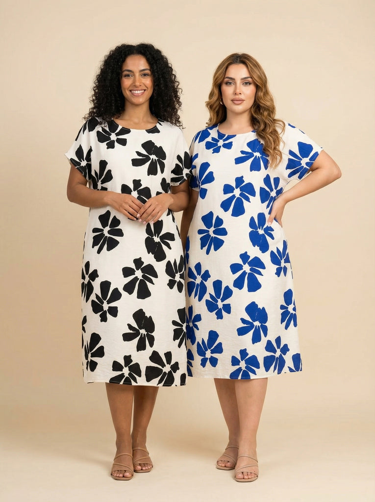 Bold Floral-Print Loose-Fit Midi Dress (2 Color Options)