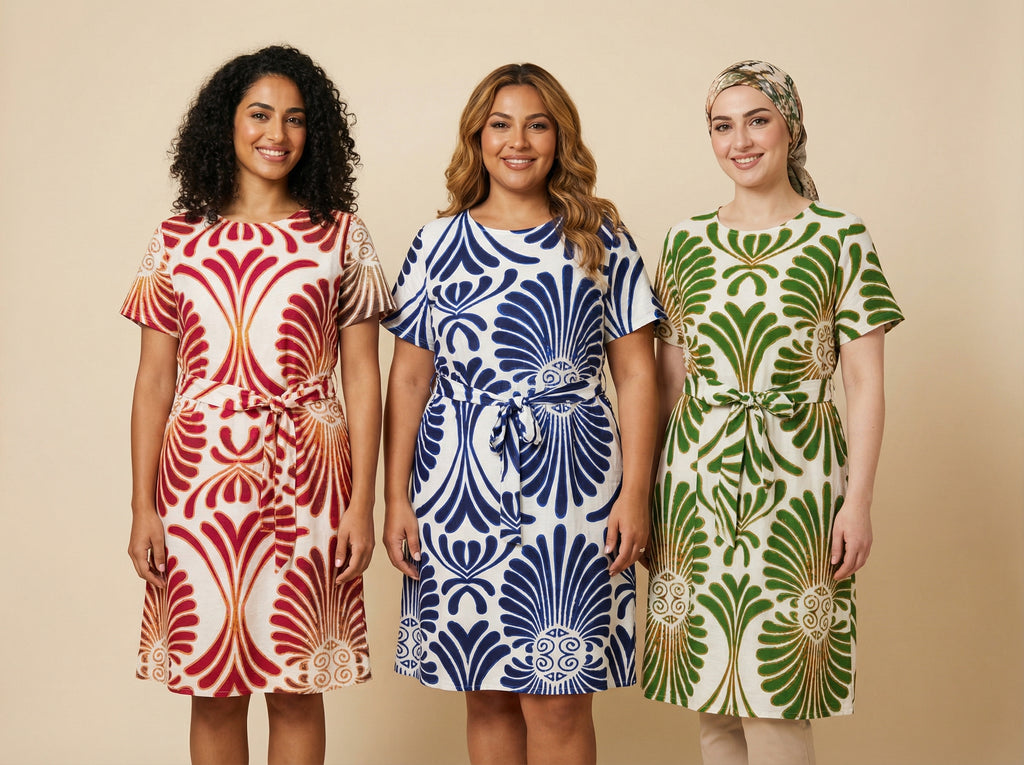 Art Deco Motif Belted Midi Dress (3 Color Options)