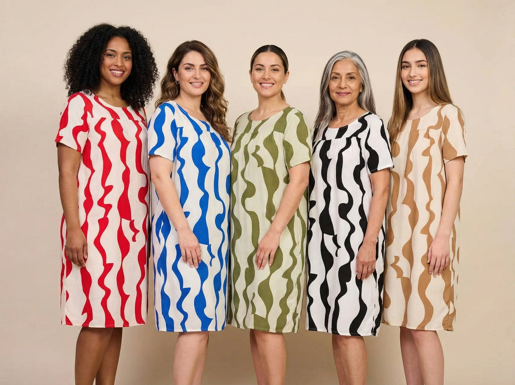 Wavy Stripe-Pattern Loose-Fit Midi Dress (5 Color Options)