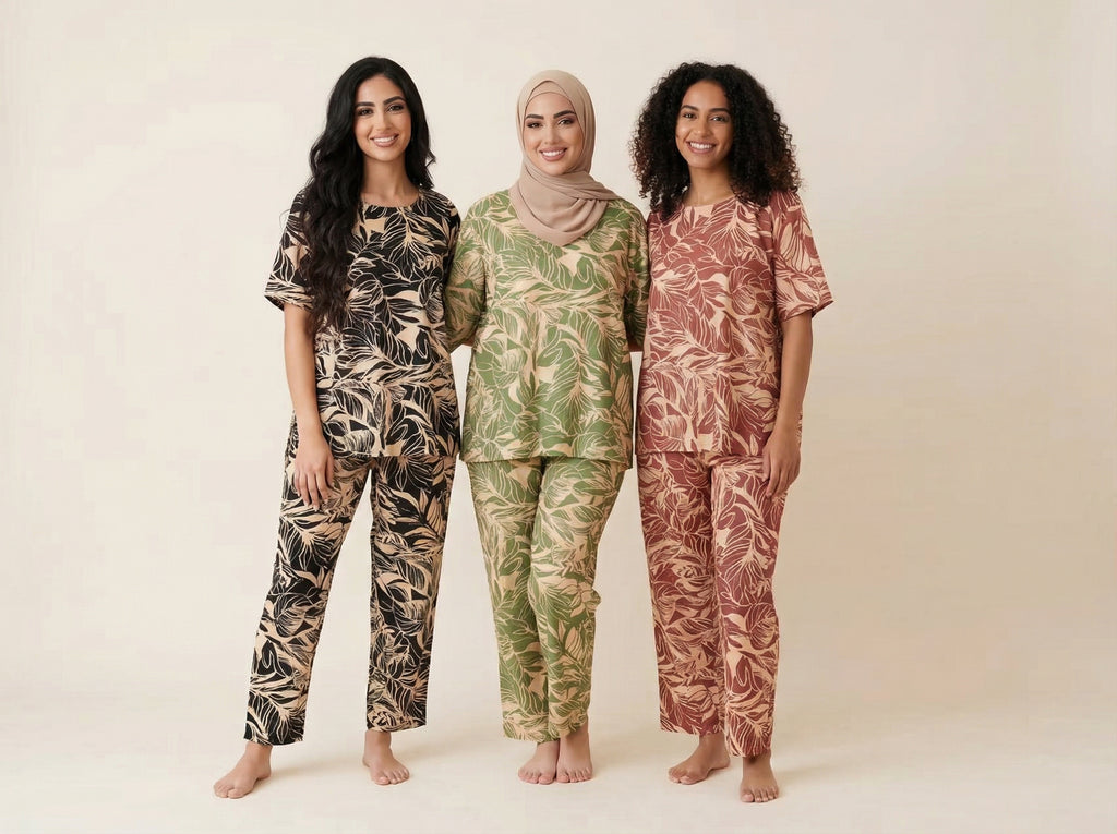 Tonal Tropical Leaf Modest Loungewear Set (3 Color Options)