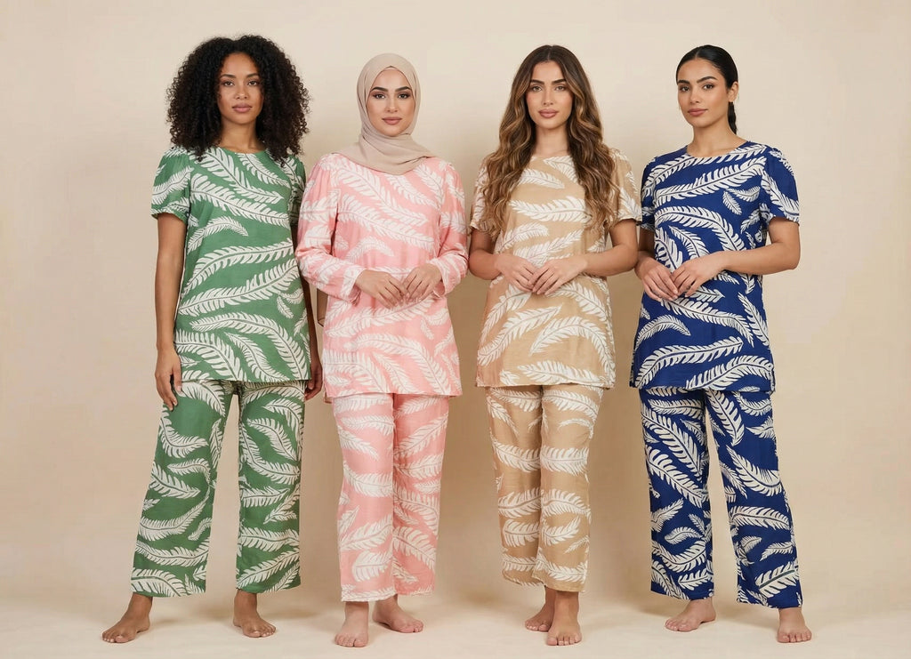 Tropical Fern-Pattern Modest Loungewear Set (4 Color Options)