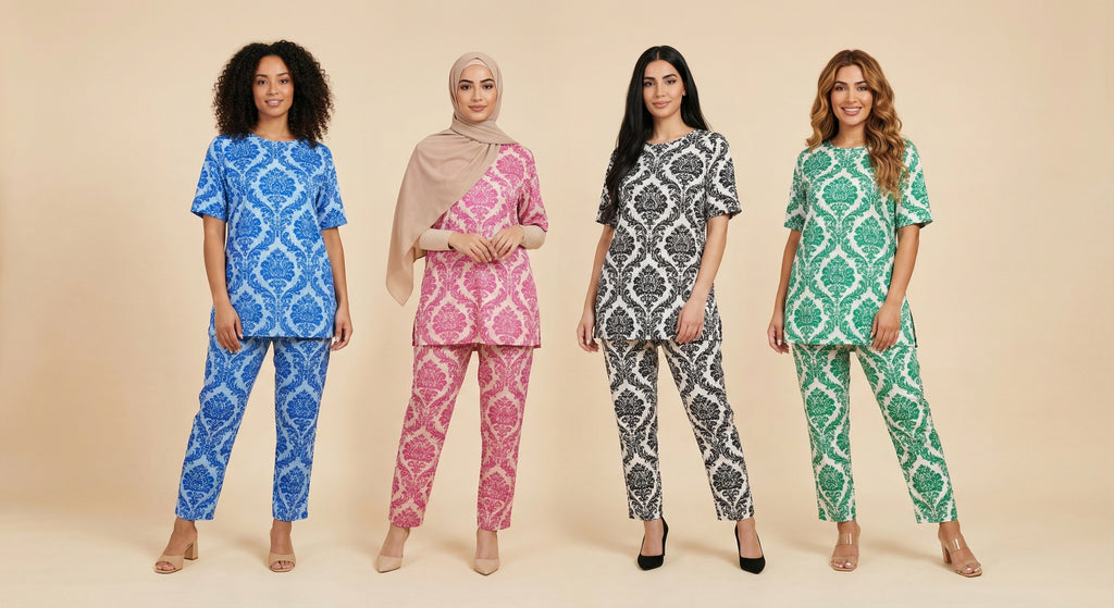 Damask-Pattern Modest Co-Ord Set (4 Color Options)
