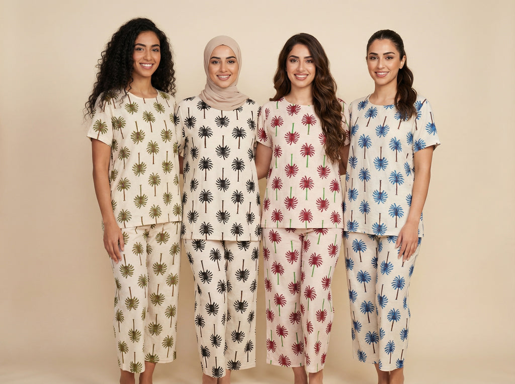 Palm Tree-Pattern Modest Loungewear Set (4 Color Options)