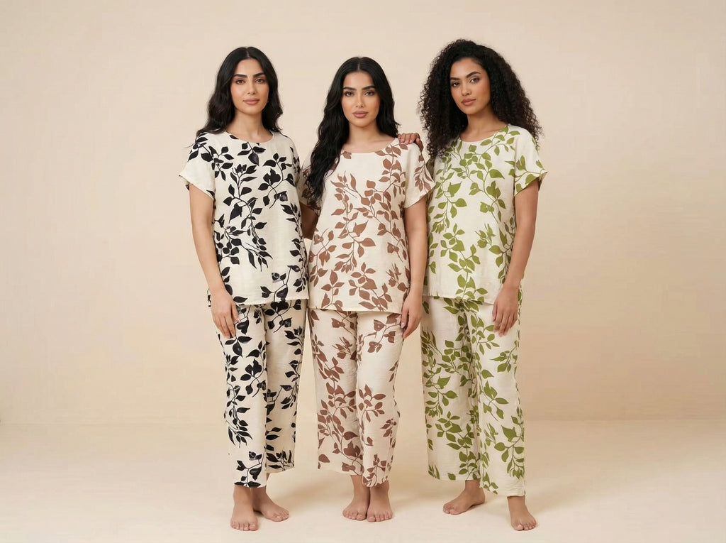Botanical Leaf-Pattern Loungewear Set (3 Color Options)