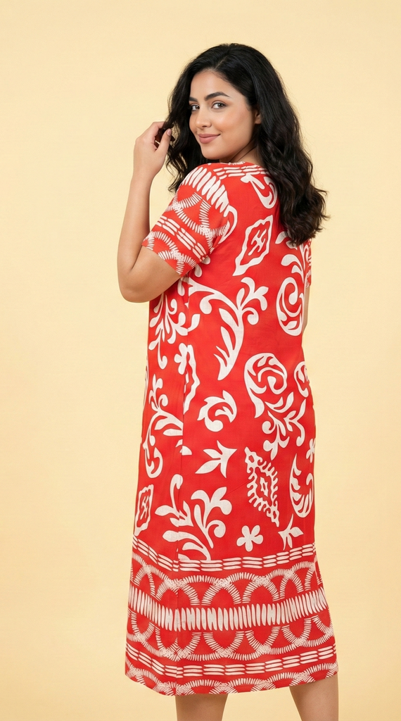 Red & White Paisley-Pattern Loose-Fit Midi Dress