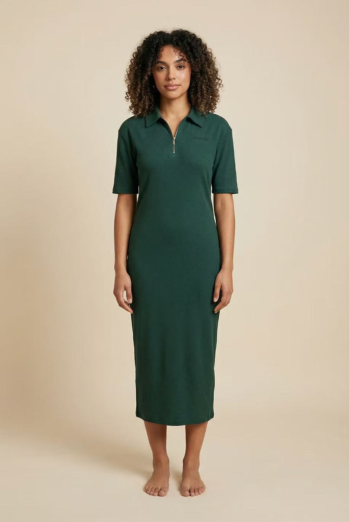 Half-Zip Polo Neck Midi Dress (Multiple Colors Available)
