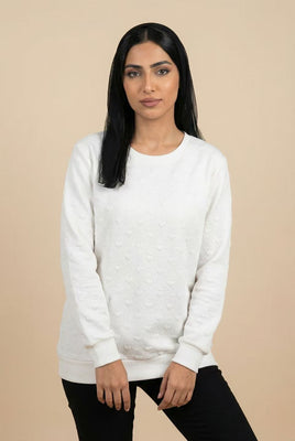 Heart-Embossed Textured Crew Neck Sweatshirt