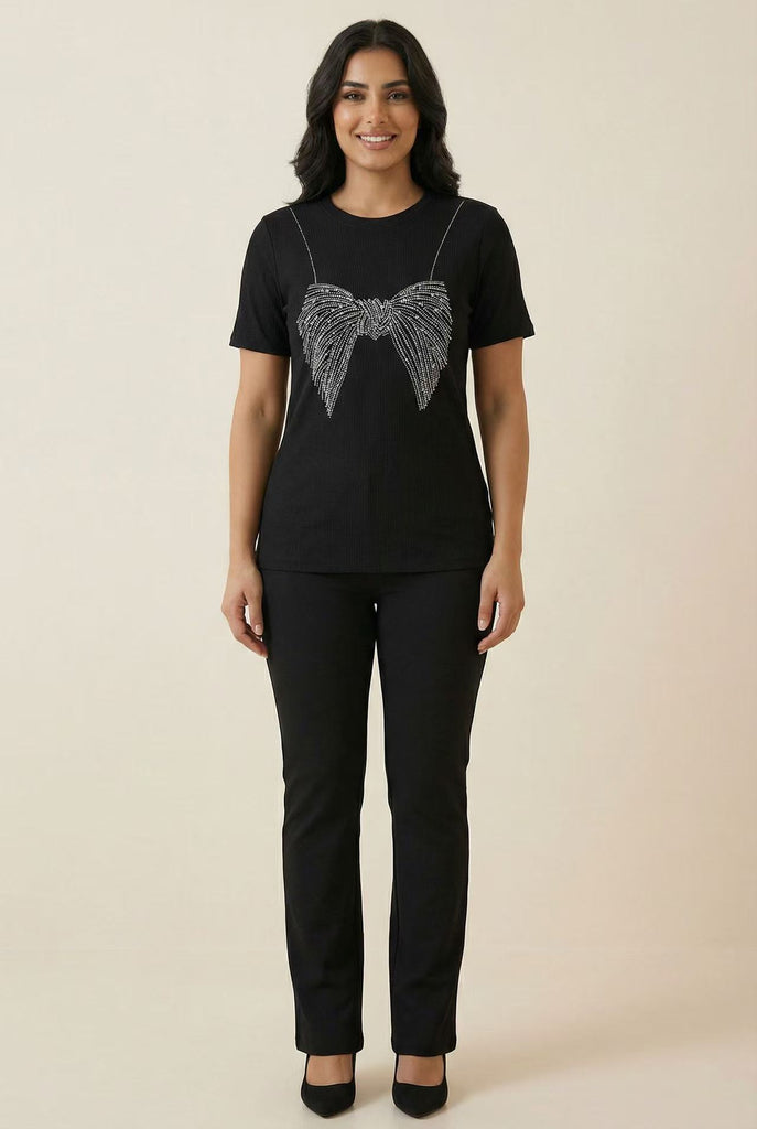 Ribbed Bow Rhinestone Short-Sleeve Tee (Multiple Color Options)
