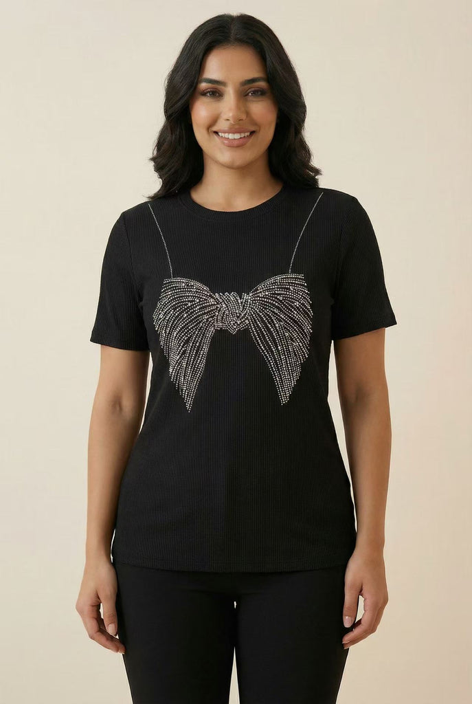 Ribbed Bow Rhinestone Short-Sleeve Tee (Multiple Color Options)