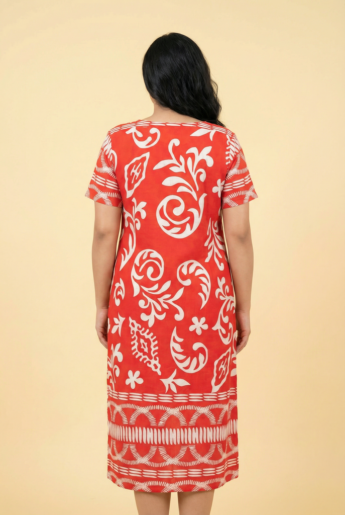 Red & White Paisley-Pattern Loose-Fit Midi Dress