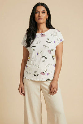 Watercolor Floral Print Cap-Sleeve Tee