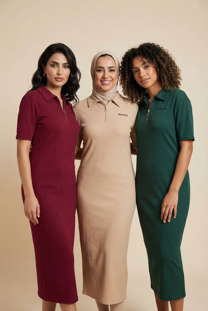 Half-Zip Polo Neck Midi Dress (Multiple Colors Available)