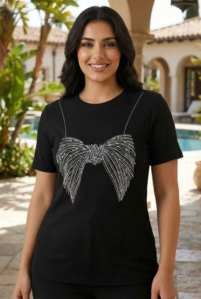 Ribbed Bow Rhinestone Short-Sleeve Tee (Multiple Color Options)