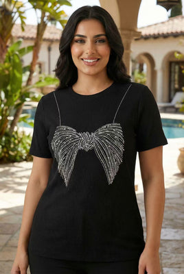 Ribbed Bow Rhinestone Short-Sleeve Tee (Multiple Color Options)