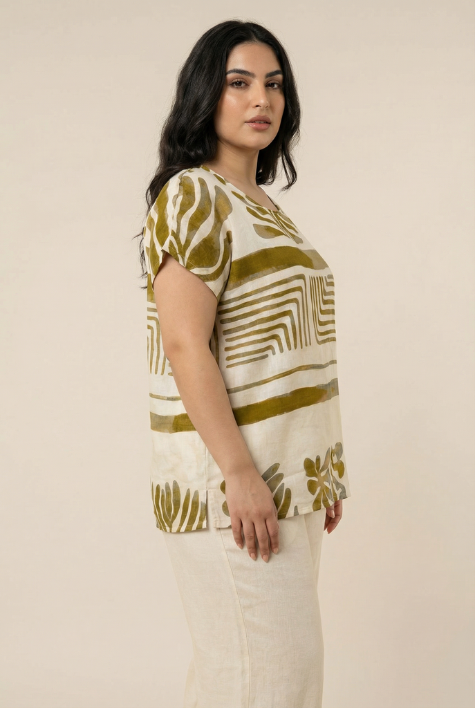 Abstract Print Linen-Blend Blouse (4 Color Options)