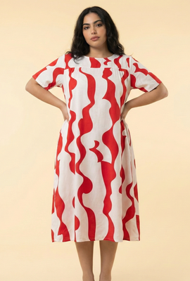 Wavy Stripe-Pattern Loose-Fit Midi Dress (5 Color Options)