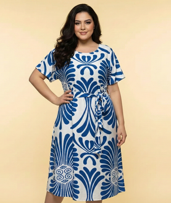 Art Deco Motif Belted Midi Dress (3 Color Options)