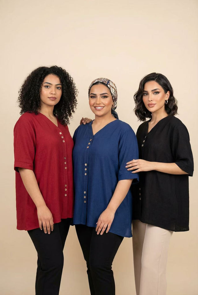 Linen-Blend V-Neck Button-front Top (Multiple Colors Available)