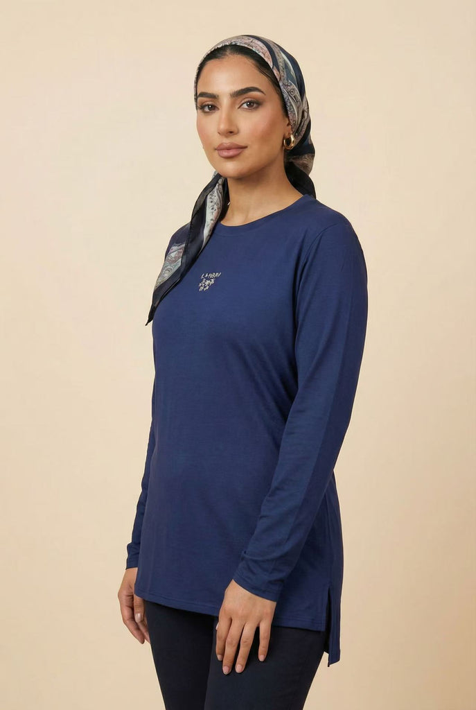 Side Split Embroidered Long-Sleeve Top (Multiple Colors Available)