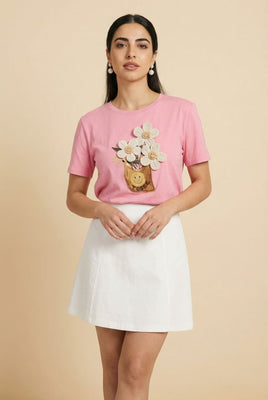 3D Flower-Appliqué Short-Sleeve Tee (Multiple Color Options)
