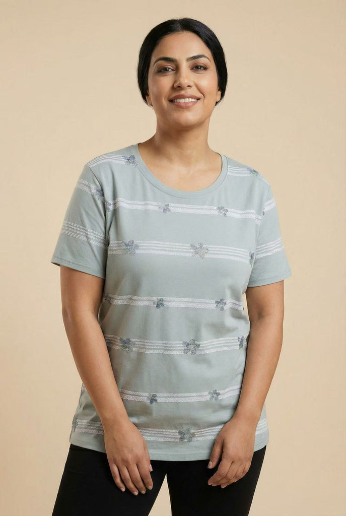 Striped Floral Embroidered Short-Sleeve Tee