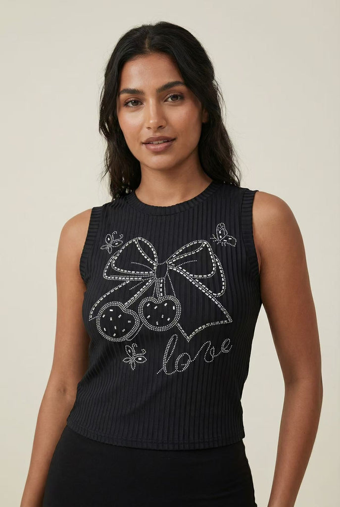 Sleeveless Cropped Rhinestone Ribbed Top