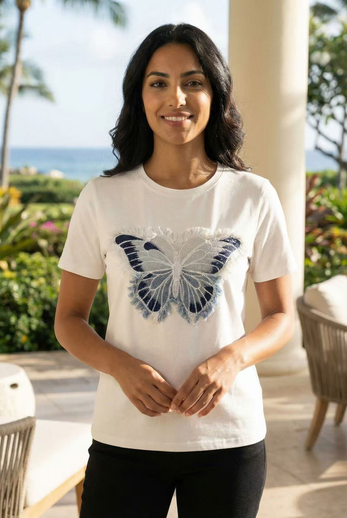 The Fringed Blue Butterfly Embroidered Tee (Single Color Option)