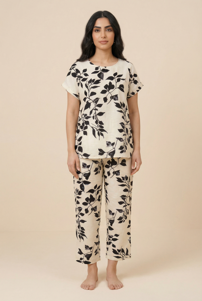 Botanical Leaf-Pattern Loungewear Set (3 Color Options)