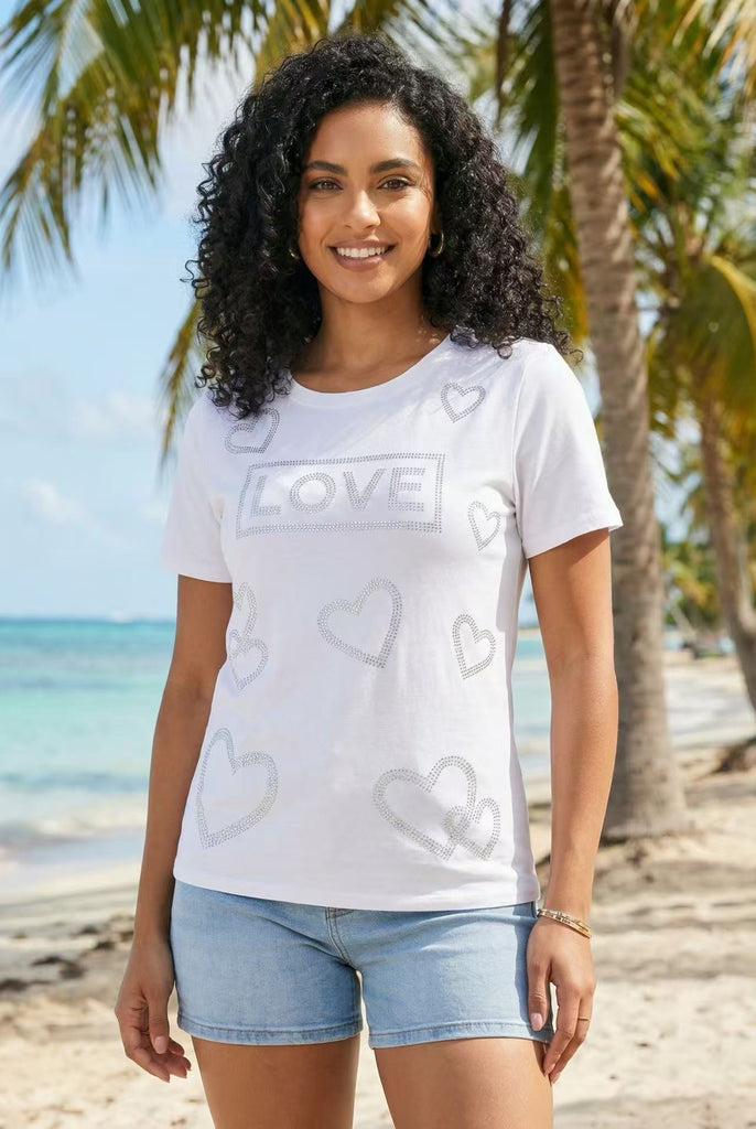 The Sparkling "LOVE" & Heart Multi-Pattern Studded Graphic Tee (Multi-Pattern Options)