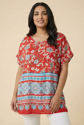 Dolman Sleeve Border Print Top