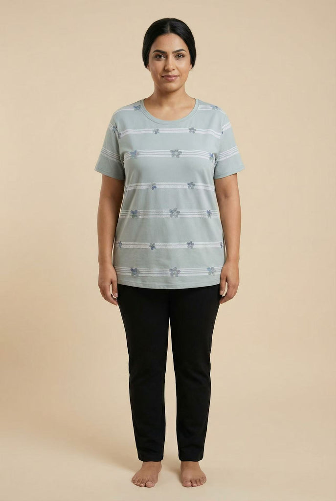 Striped Floral Embroidered Short-Sleeve Tee