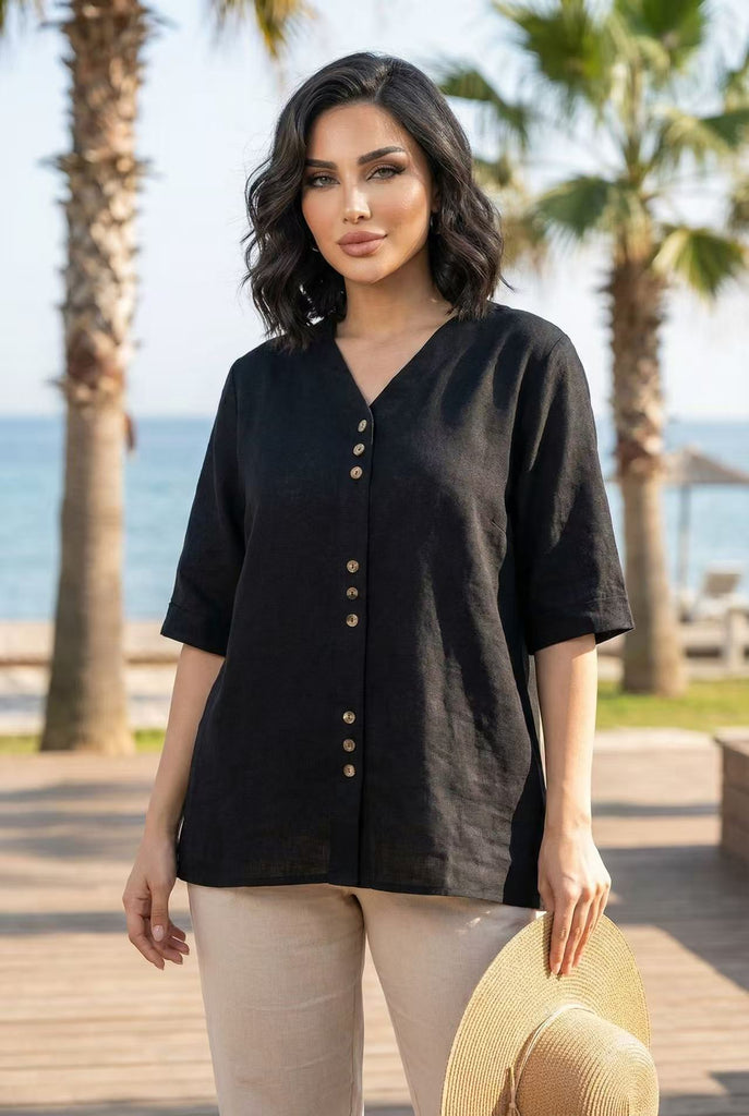 Linen-Blend V-Neck Button-front Top (Multiple Colors Available)
