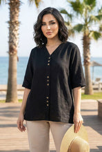 Load image into Gallery viewer, Linen-Blend V-Neck Button-front Top (Multiple Colors Available)