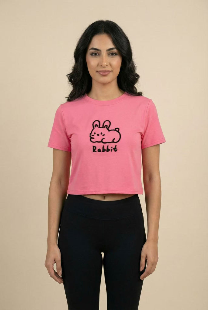 The Cute Crouching Rabbit Embroidered Cropped Tee (Multi-Color Options)