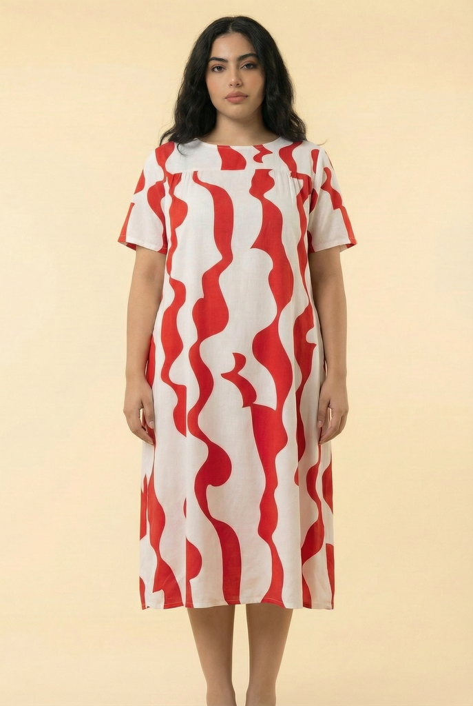 Wavy Stripe-Pattern Loose-Fit Midi Dress (5 Color Options)