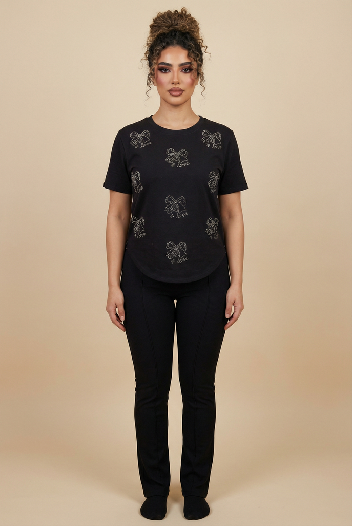 Diamond Bow & "Love" Embellished Curved-Hem Tee (6 Color Options)