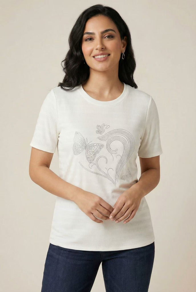 Textured Heart & Butterfly Rhinestone Tee (Multiple Color Options)