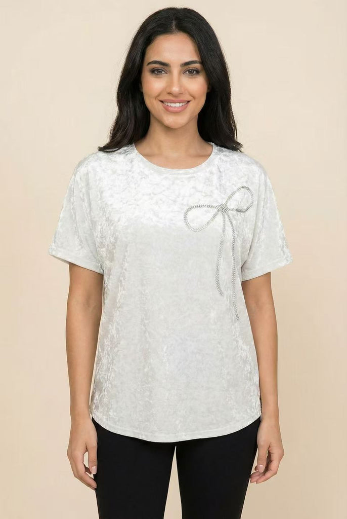 Velvet Bow-Accent Short-Sleeve Top
