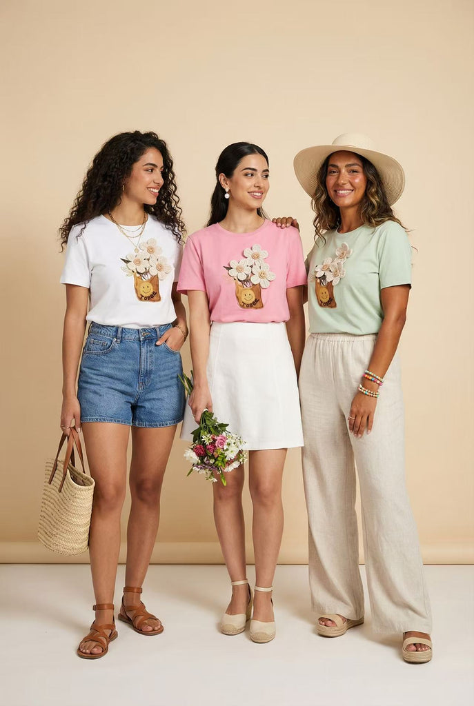 3D Flower-Appliqué Short-Sleeve Tee (Multiple Color Options)