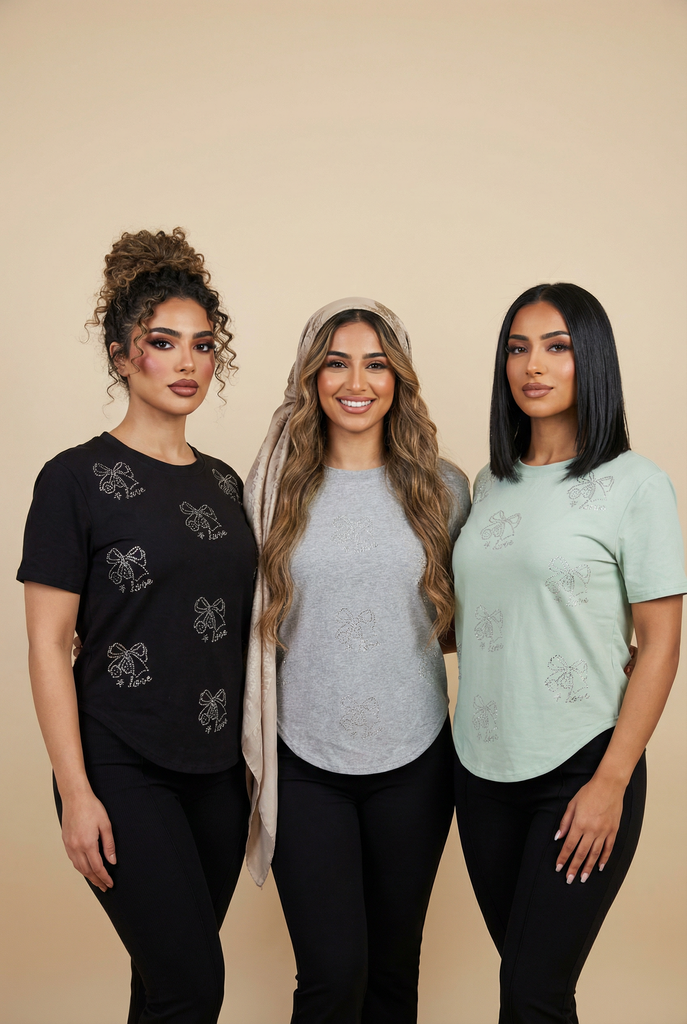 Diamond Bow & "Love" Embellished Curved-Hem Tee (6 Color Options)
