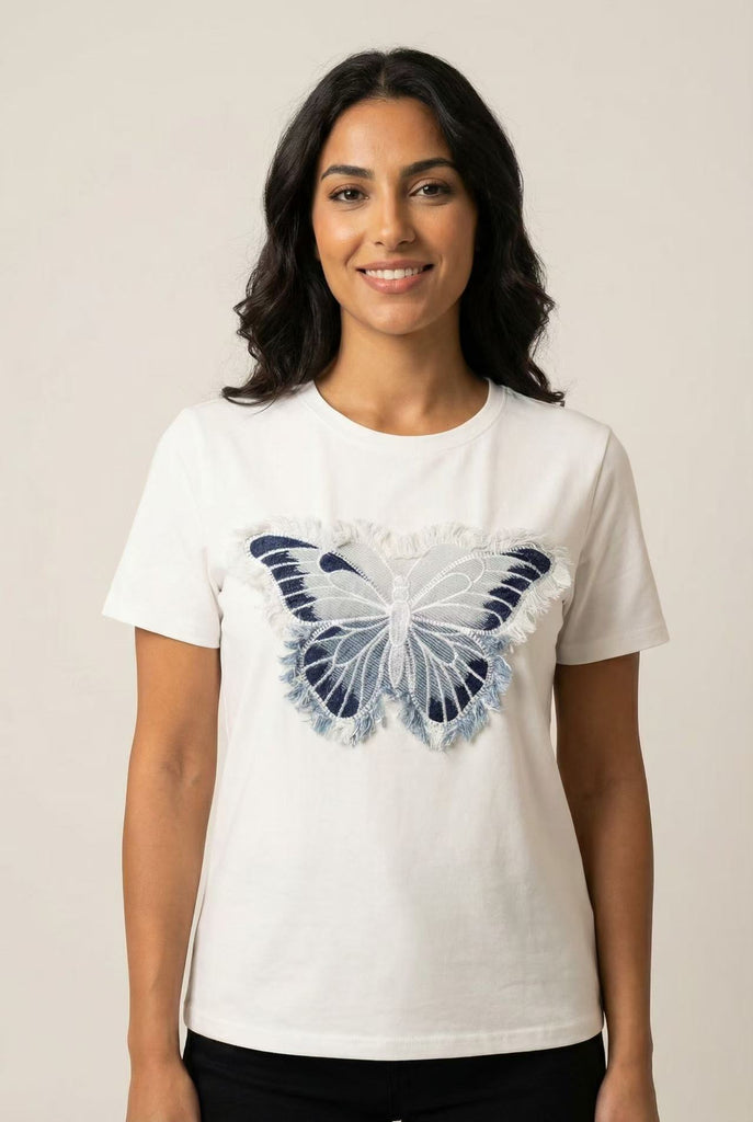 The Fringed Blue Butterfly Embroidered Tee (Single Color Option)