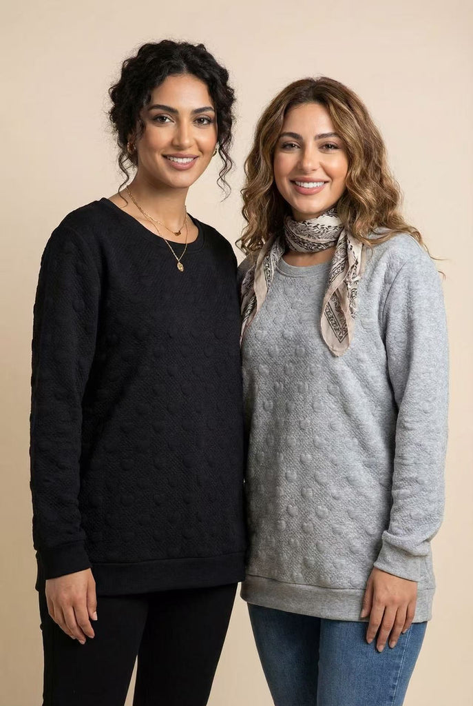 Heart-Embossed Textured Crew Neck Sweatshirt