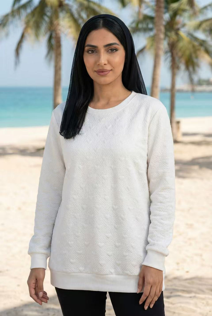 Heart-Embossed Textured Crew Neck Sweatshirt