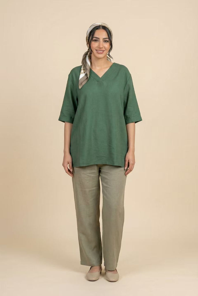 V-Neck Elbow-Sleeve Linen-Blend Top (Multiple Colors Available)