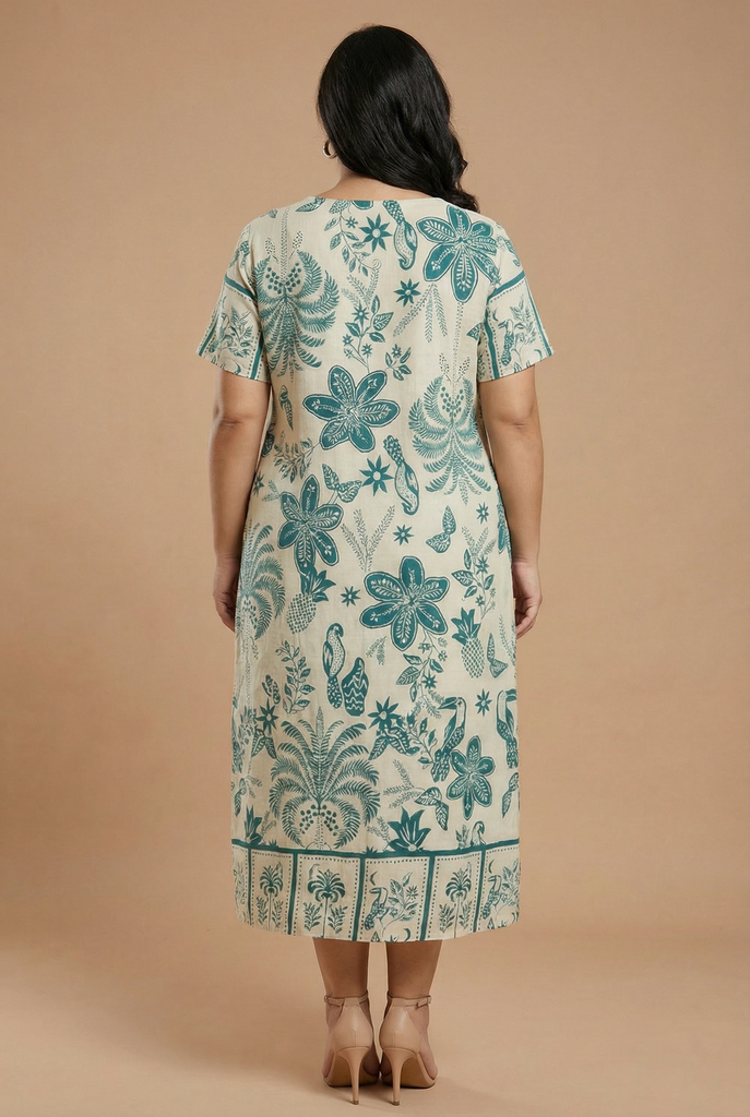 Tropical Botanical-Print Plus-Size Midi Dress (3 Color Options)