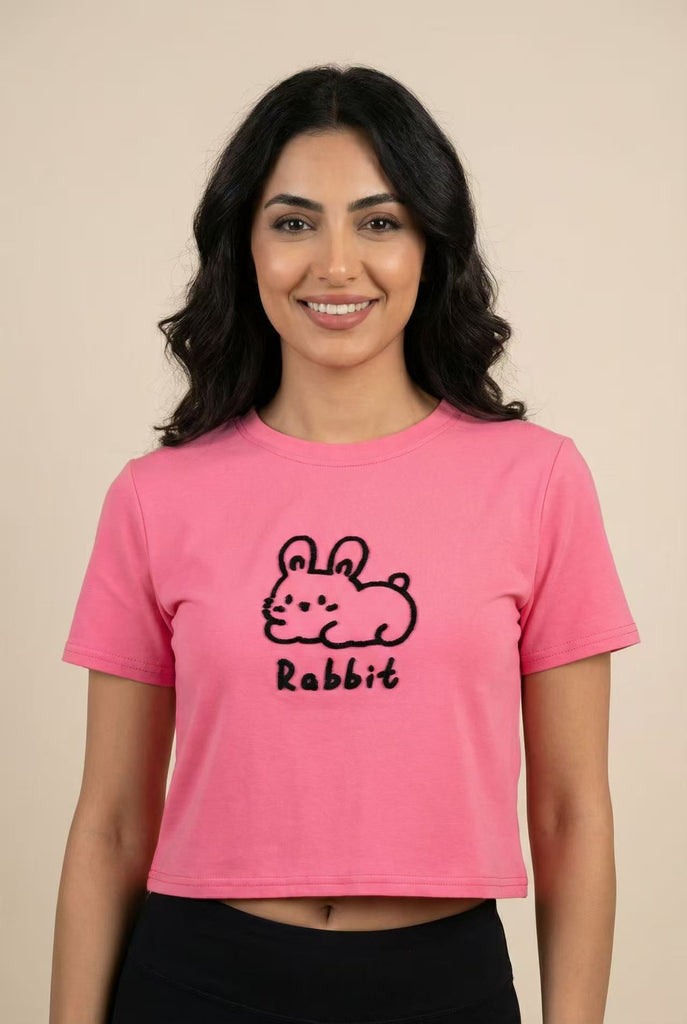 The Cute Crouching Rabbit Embroidered Cropped Tee (Multi-Color Options)