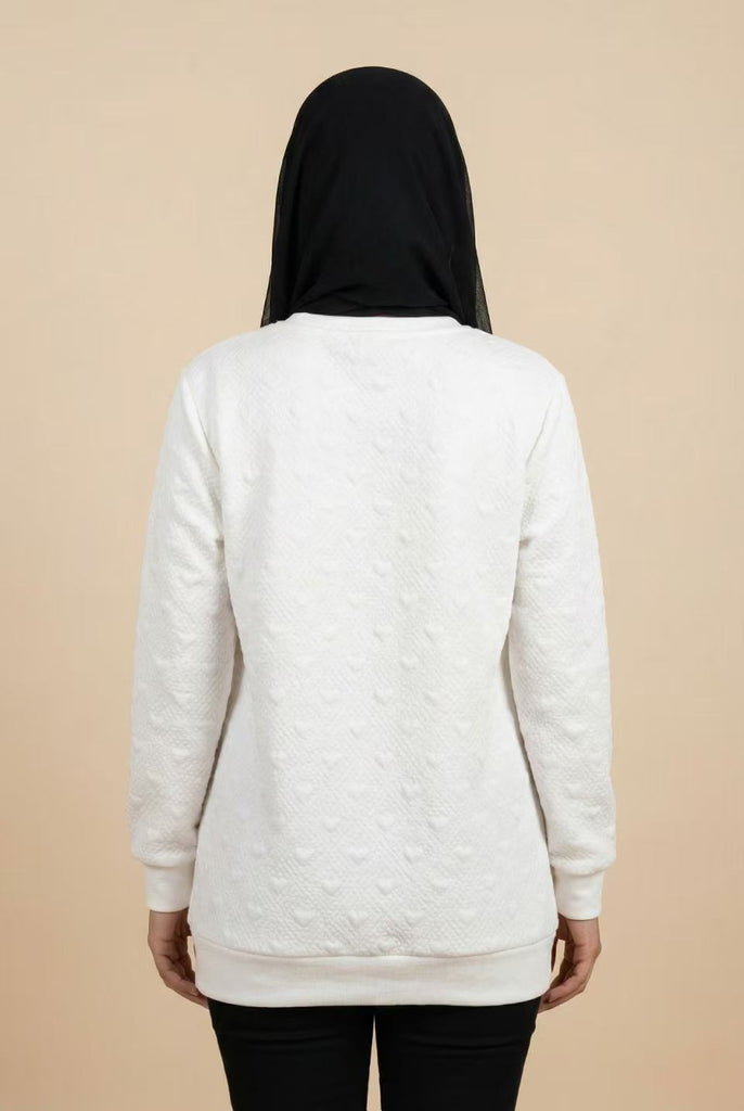 Heart-Embossed Textured Crew Neck Sweatshirt