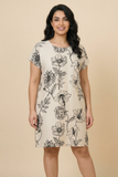 Line-Art Floral-Print Loose-Fit Midi Dress (3 Tone Options)